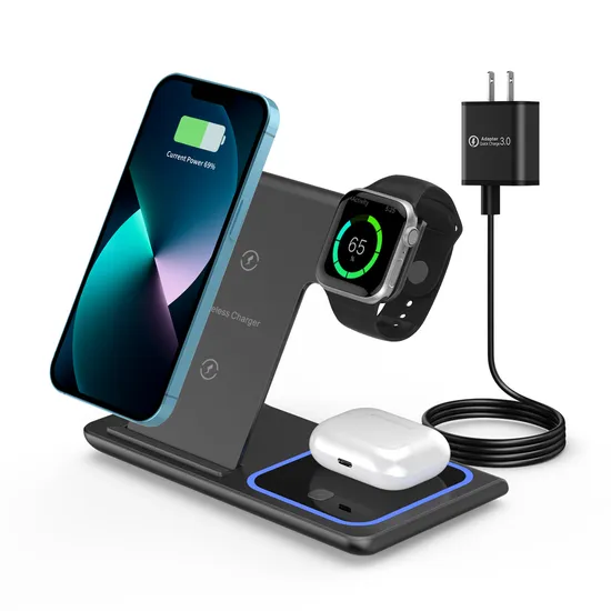 15W 3 in 1 ワイヤレス Qi 携帯電話高速充電スタンド、折りたたみ式 Qi 充電器付き